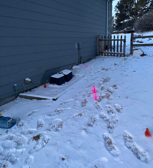 A snow-covered yard featuring a bright pink marker placed prominently in the foreground.